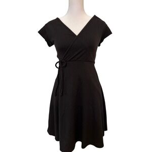 Antistar‎ Womens Black Ribbed Knit Wrap Dress Short Sleeve Tie Waist Sz XS